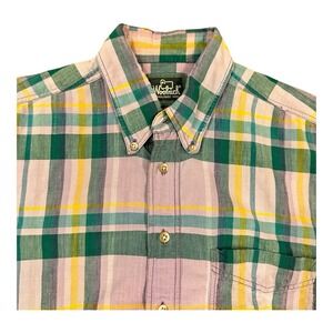 Woolrich Shirt Mens M Green/Purple/Yellow Plaid Madras Short Sleeve Button Down